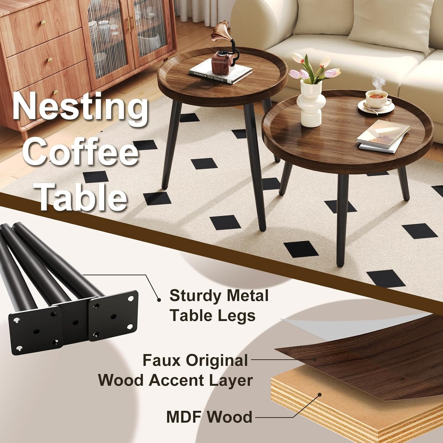 2 PCS Small Round Coffee Table Set, Mid Century Modern Coffee Tables for Living Room, Walnut Nesting Tables for Small Spaces, Easy Assembly Circle Wood Center Table,Black Nesting Coffee Table Set of 2