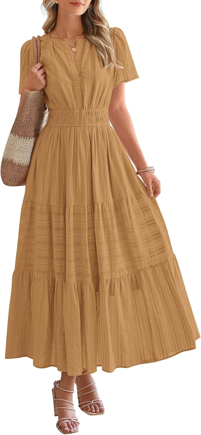 BTFBM Womens Summer 2026 Casual Midi Maxi Dresses Lightweight Short Sleeve V Neck Elastic Waist Boho Beach Dress Pockets