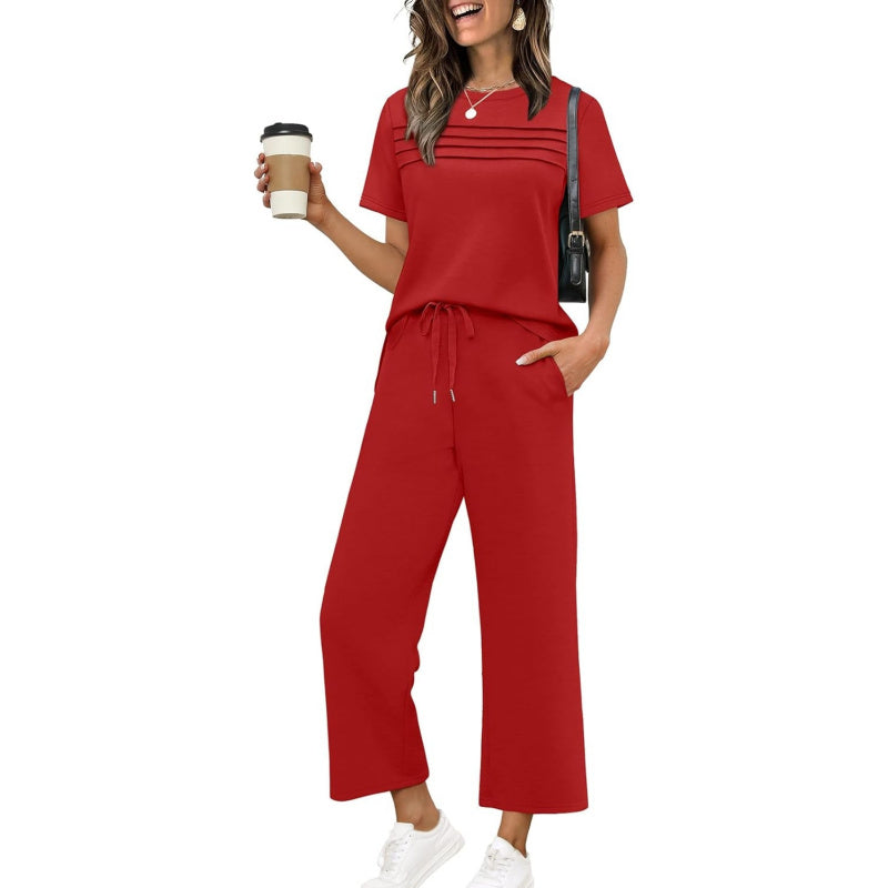 WIHOLL Two Piece Sets for Women Summer Spring Travel Vacation Outfits Short Sleeve Lounge Sets Side Slit Wide Leg Pants S-3XL