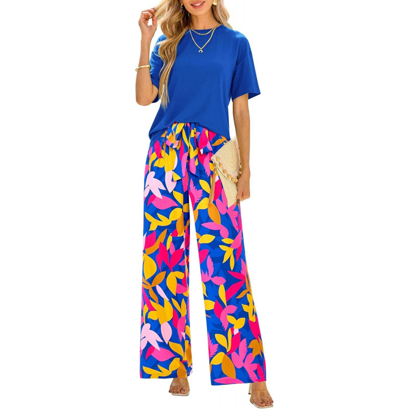 PRETTYGARDEN Women Summer 2 Piece Outfits 2026 Short Sleeve Knit Top Floral Print Belted Wide Leg Pant Sets With Pockets