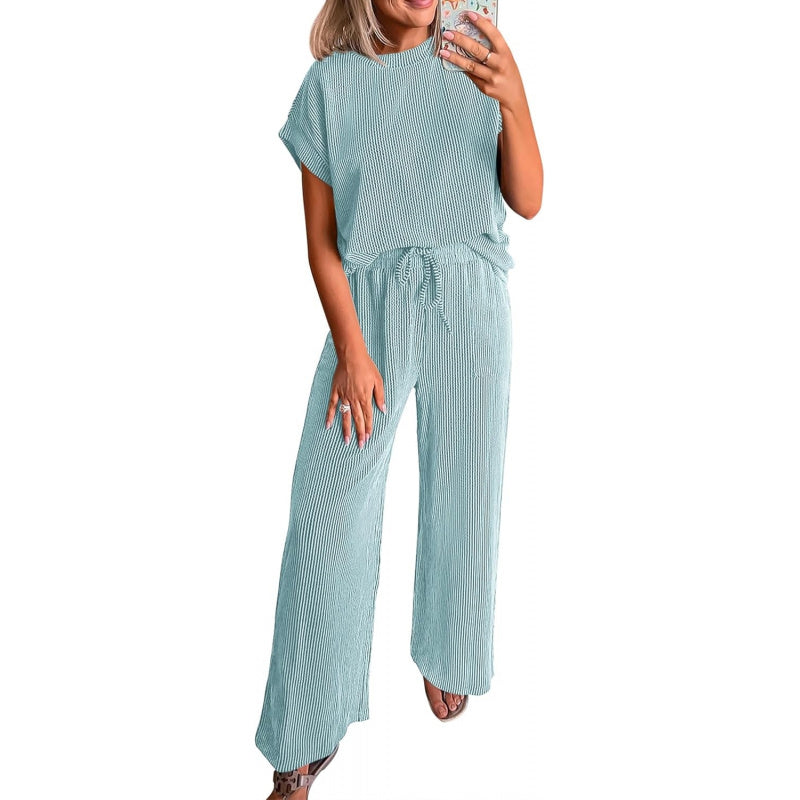 KIRUNDO 2 Piece Sets for Women Dressy Casual Ribbed Knit Short Sleeve Tops Wide Leg Pants Lounge Set Travel Airport Outfits