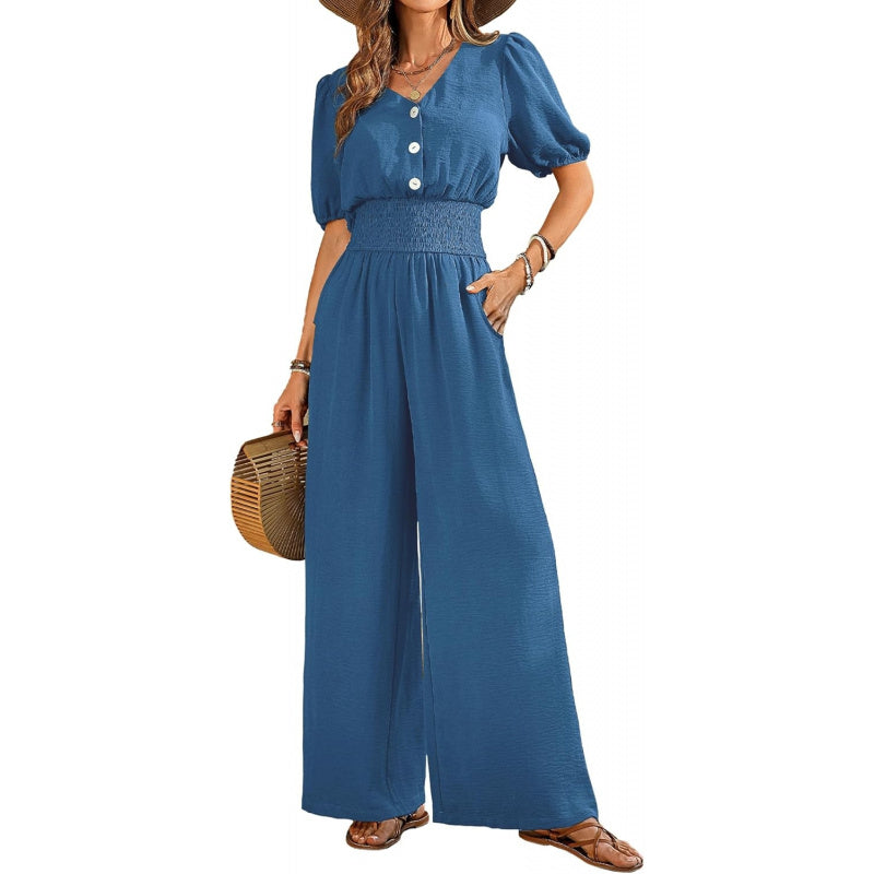 LOOKBOHO Womens Jumpsuits Short Sleeve V Neck Dressy Casual Wide Leg Pants Romper 2026 Summer One Piece Outfits