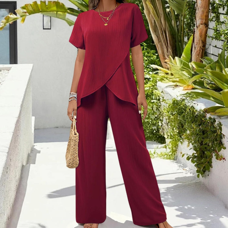 Pants Suits for Women Dressy Casual Summer Outfits 2026 Short Sleeve Ruffle Layered Tops Wide Leg Pants Matching Set