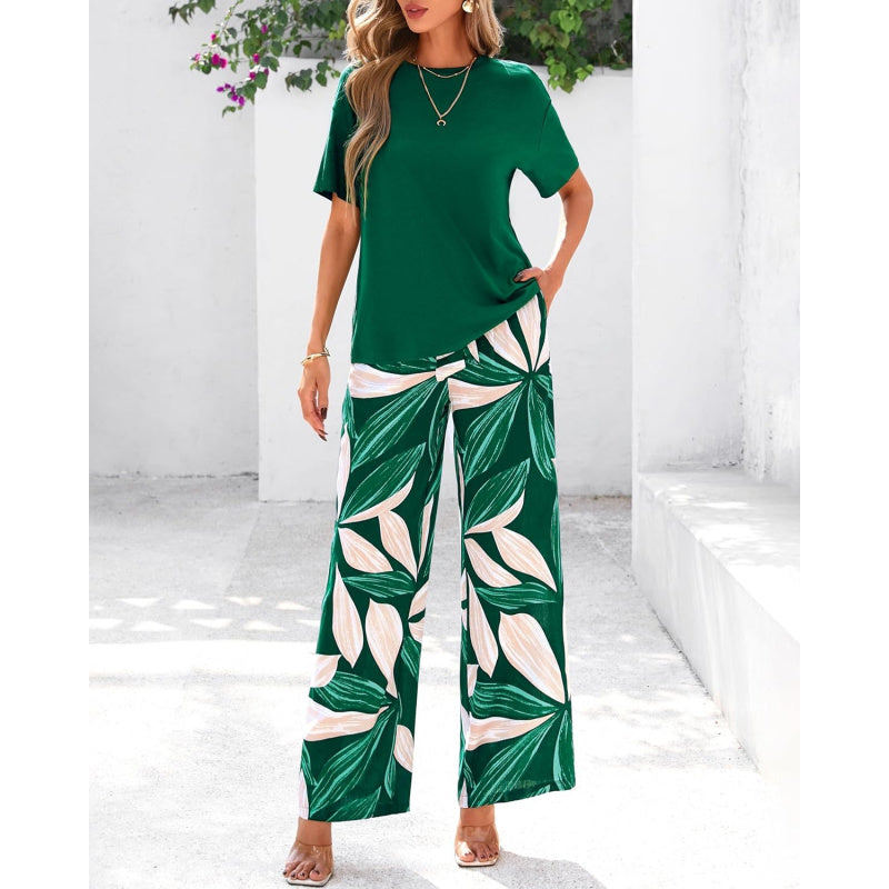 PRETTYGARDEN Women Summer 2 Piece Outfits 2026 Short Sleeve Knit Top Floral Print Belted Wide Leg Pant Sets With Pockets