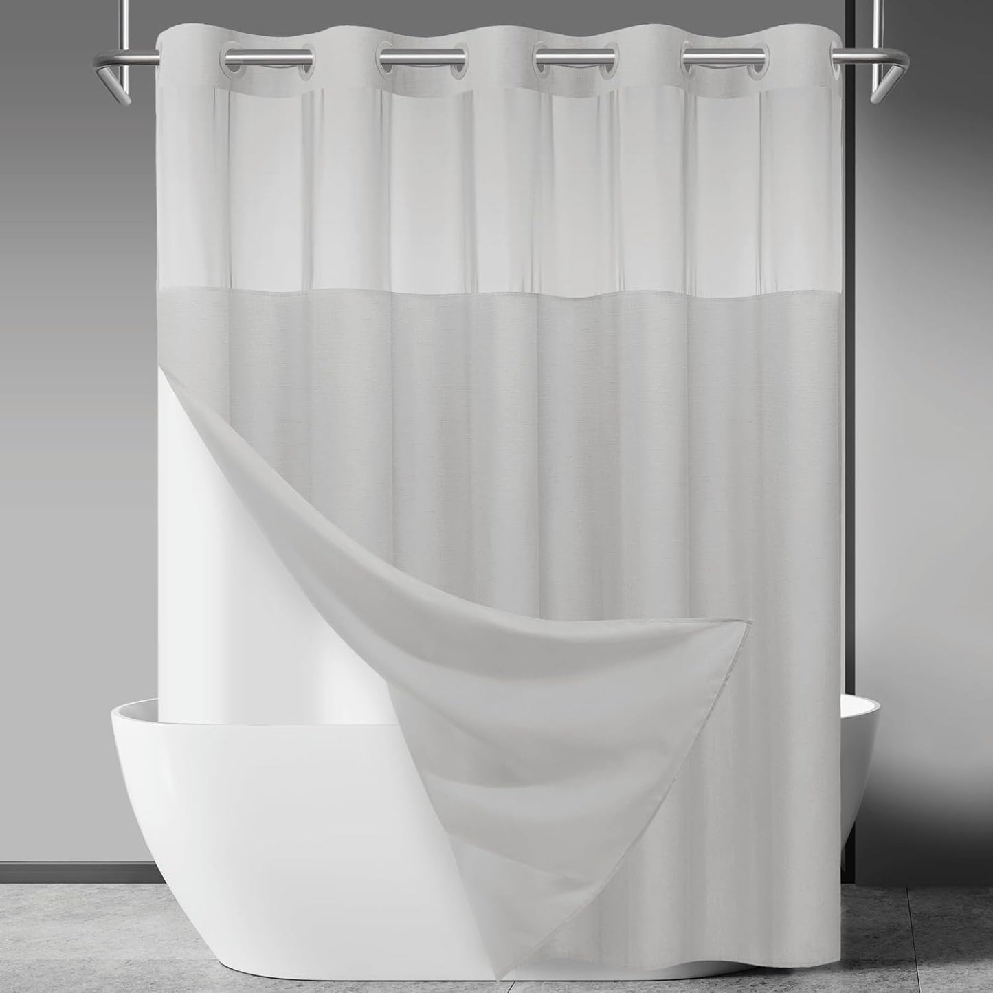 No Hook Slub Textured Shower Curtain with Snap in Liner - Black Fabric Outer Curtain & Waterproof Inner Liner, Hotel Style with See Through Top Window, 71x74 in
