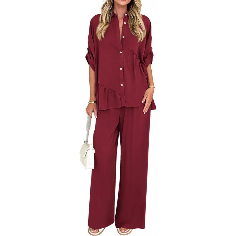 KIRUNDO Two Piece Sets for Women Spring Outfits 2026 Summer Fall Dressy Casual Button Down Shirt Wide Leg Pants Lounge Set