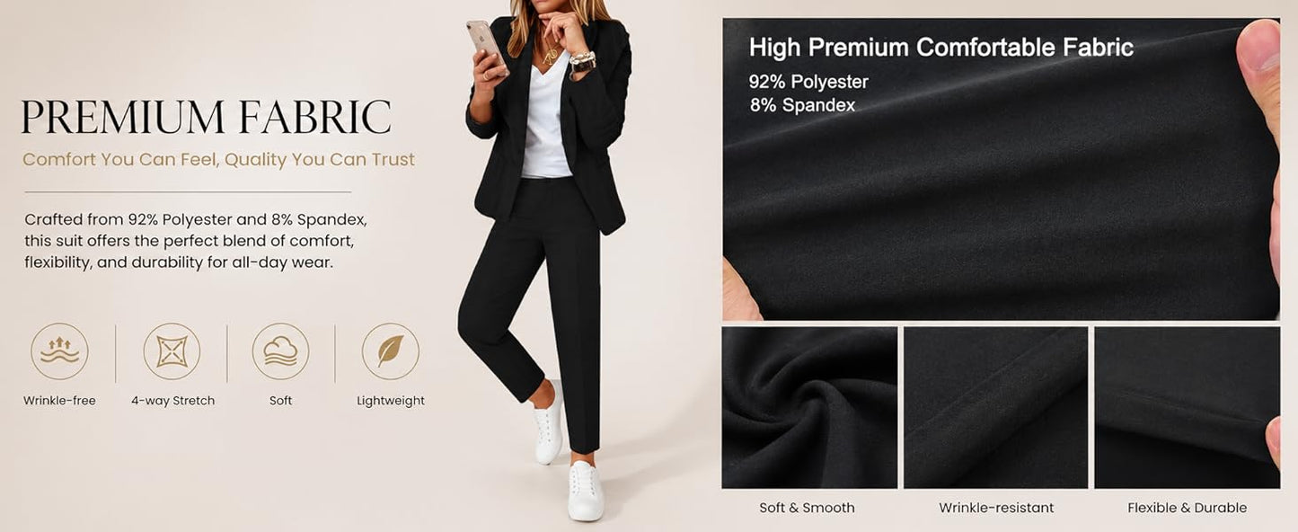 Kubsid Pant Suits for Women Dressy 2026 Business Blazer and Elastic High Waist Straight Leg Pants Work 2 Piece Outfits