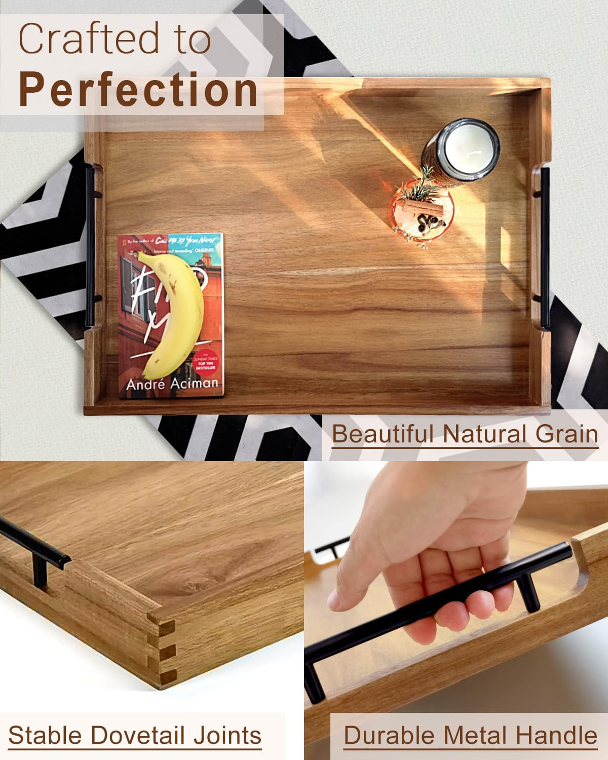 22 Inches Acacia Wood Serving Tray with Metal Handles, Large Wooden Rectangle Ottoman Tray, Decorative and Durable Design for Living Room Coffee Table Couch Kitchen