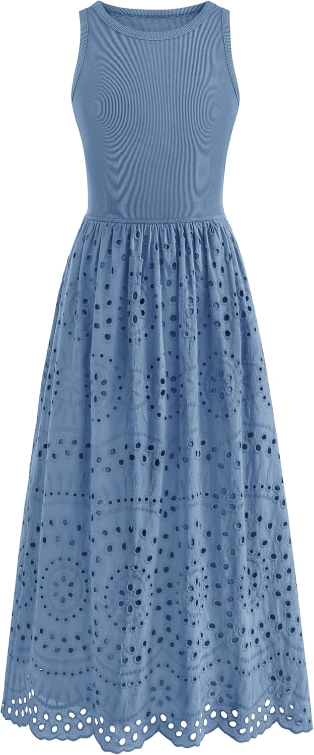 dowerme Women Summer Dresses 2026 Casual Sleeveless Crewneck A-Line Boho Lace Eyelet Cotton Tank Maxi Dress with Pockets