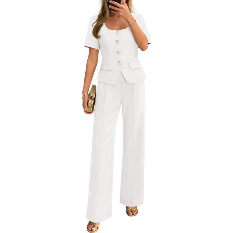 ZESICA Women's Summer Two Pieces Suits Set 2026 Short Sleeve Blazer Wide Leg Pants Business Casual Outfits Sets