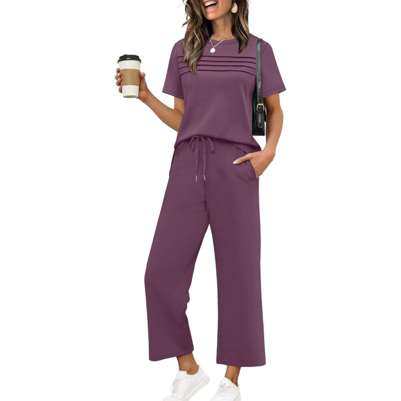 WIHOLL Two Piece Sets for Women Summer Spring Travel Vacation Outfits Short Sleeve Lounge Sets Side Slit Wide Leg Pants S-3XL