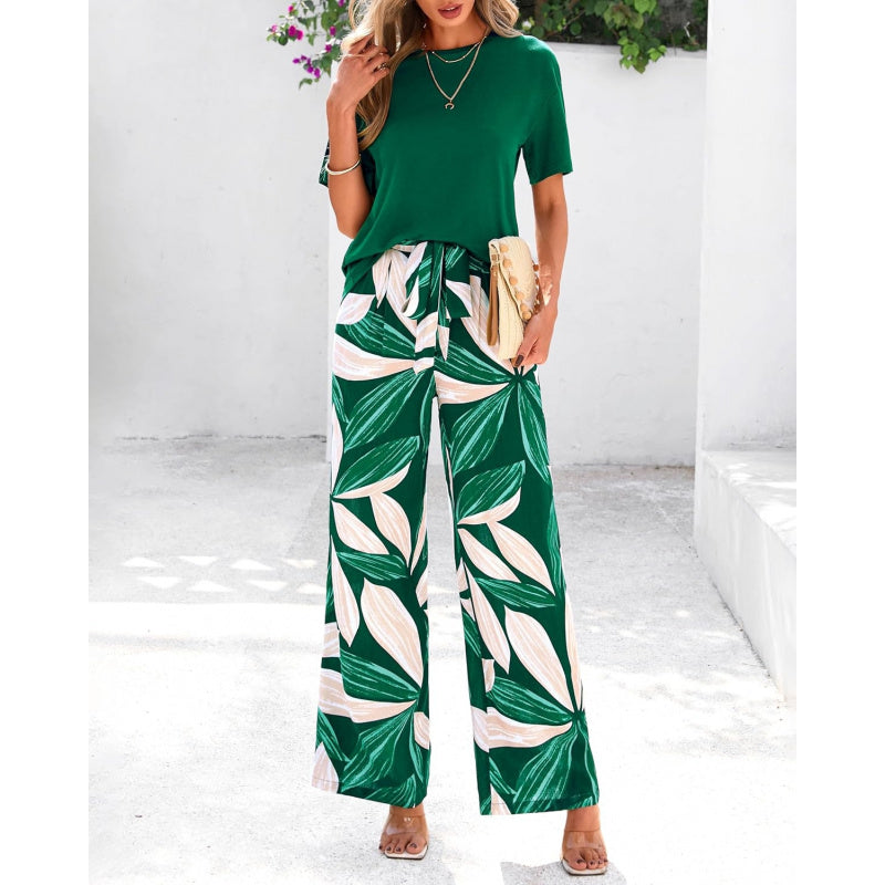 PRETTYGARDEN Women Summer 2 Piece Outfits 2026 Short Sleeve Knit Top Floral Print Belted Wide Leg Pant Sets With Pockets