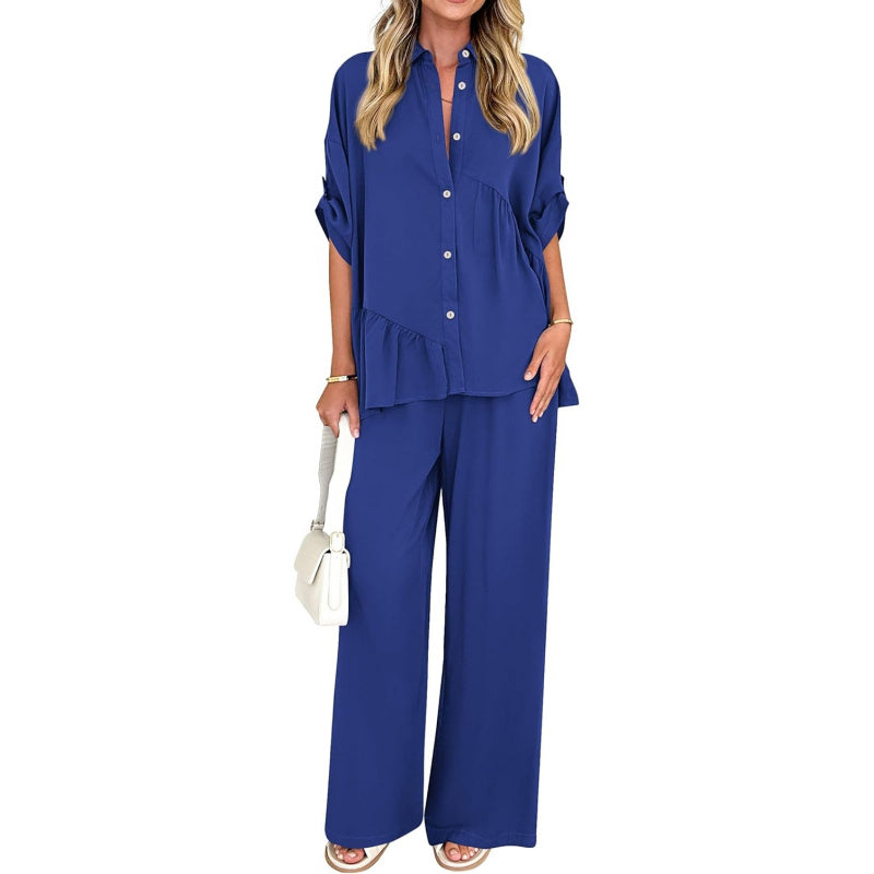KIRUNDO Two Piece Sets for Women Spring Outfits 2026 Summer Fall Dressy Casual Button Down Shirt Wide Leg Pants Lounge Set
