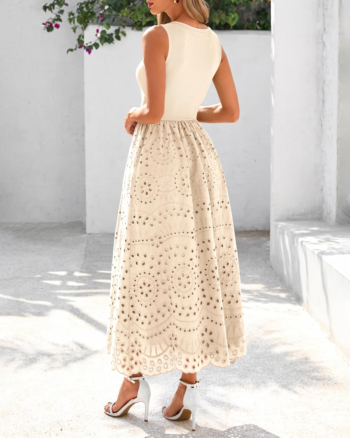 dowerme Women Summer Dresses 2026 Casual Sleeveless Crewneck A-Line Boho Lace Eyelet Cotton Tank Maxi Dress with Pockets