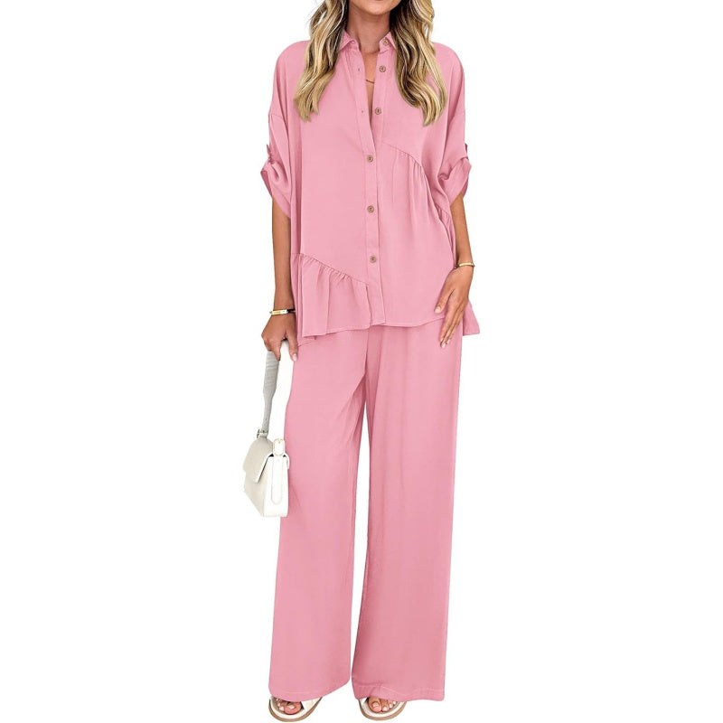KIRUNDO Two Piece Sets for Women Spring Outfits 2026 Summer Fall Dressy Casual Button Down Shirt Wide Leg Pants Lounge Set