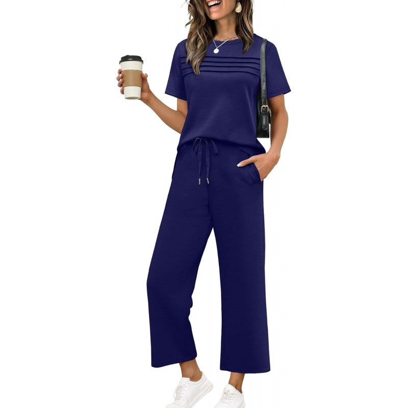 WIHOLL Two Piece Sets for Women Summer Spring Travel Vacation Outfits Short Sleeve Lounge Sets Side Slit Wide Leg Pants S-3XL
