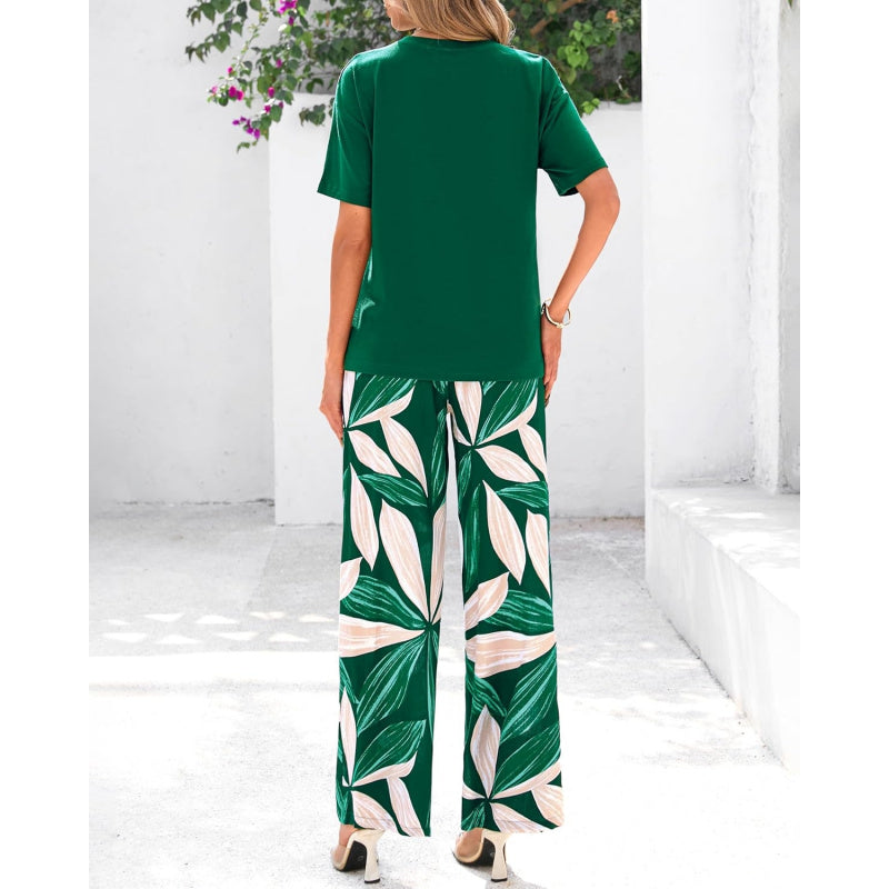 PRETTYGARDEN Women Summer 2 Piece Outfits 2026 Short Sleeve Knit Top Floral Print Belted Wide Leg Pant Sets With Pockets