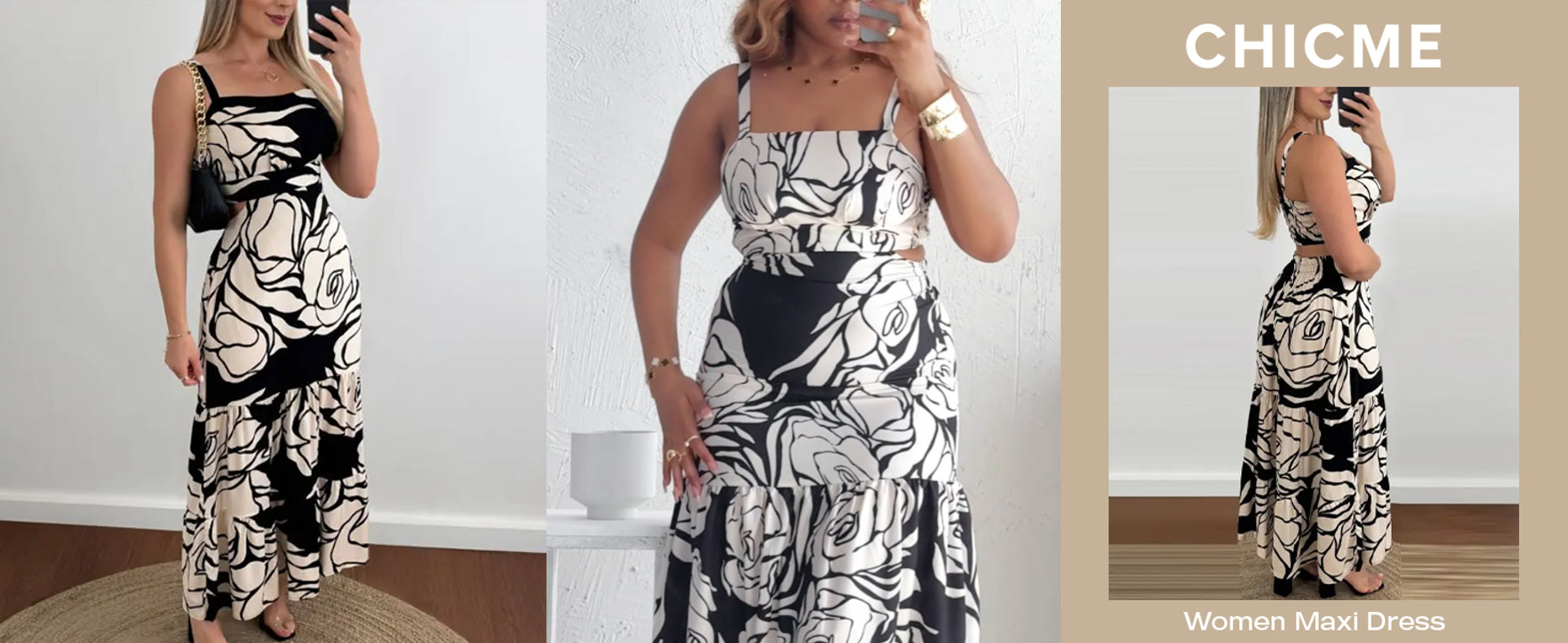 CHICME Summer Dresses for Women 2026 Sleeveless Casual Boho Maxi Dress Square Neck Cut Out Floral A Line Dress