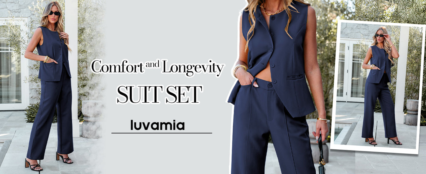 luvamia Vest Pants Suits for Women Dressy 2 Piece Business Casual Outfits Sleeveless Blazer Wide Leg Pants Pantsuit Sets