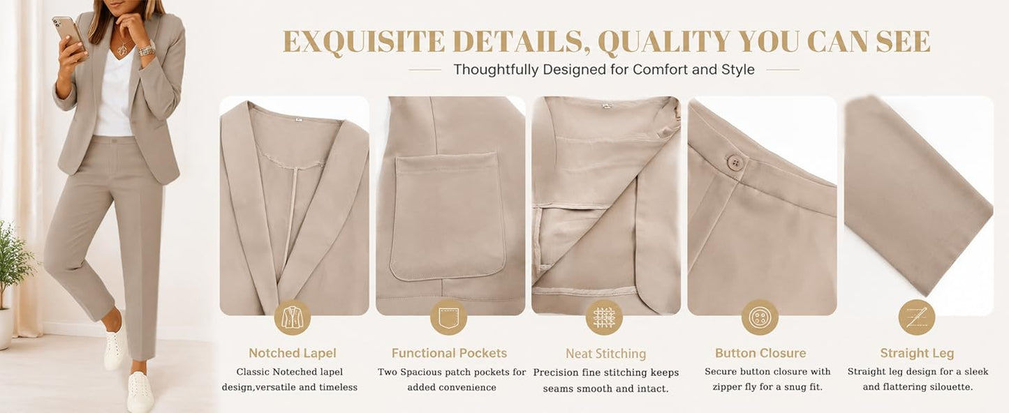 Kubsid Pant Suits for Women Dressy 2026 Business Blazer and Elastic High Waist Straight Leg Pants Work 2 Piece Outfits