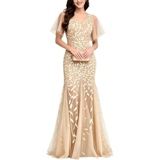 Women's Formal Evening Gowns Long Sparkly Sequin Elegant Tulle Sleeve Mother of Bride Dress Bodycon Maxi Prom Dresses