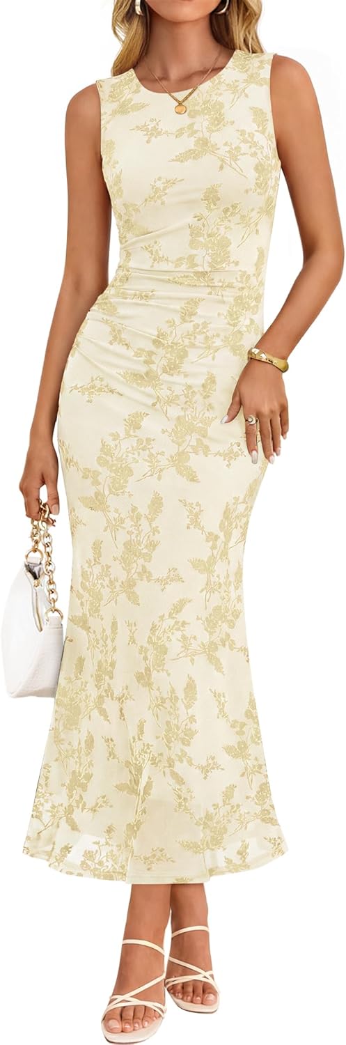 ZESICA Women's Sleeveless Floral Bodycon Maxi Dress 2026 Summer Ruched Mesh Wedding Guest Cocktail Party Dresses