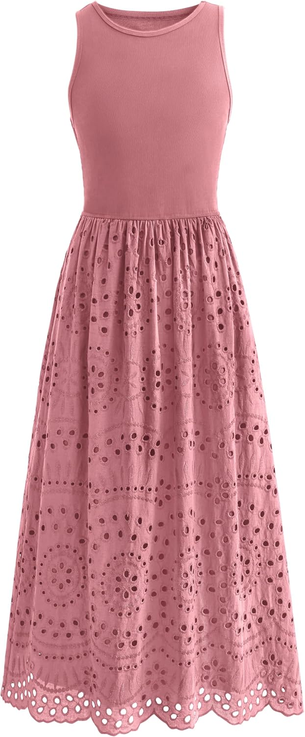 dowerme Women Summer Dresses 2026 Casual Sleeveless Crewneck A-Line Boho Lace Eyelet Cotton Tank Maxi Dress with Pockets