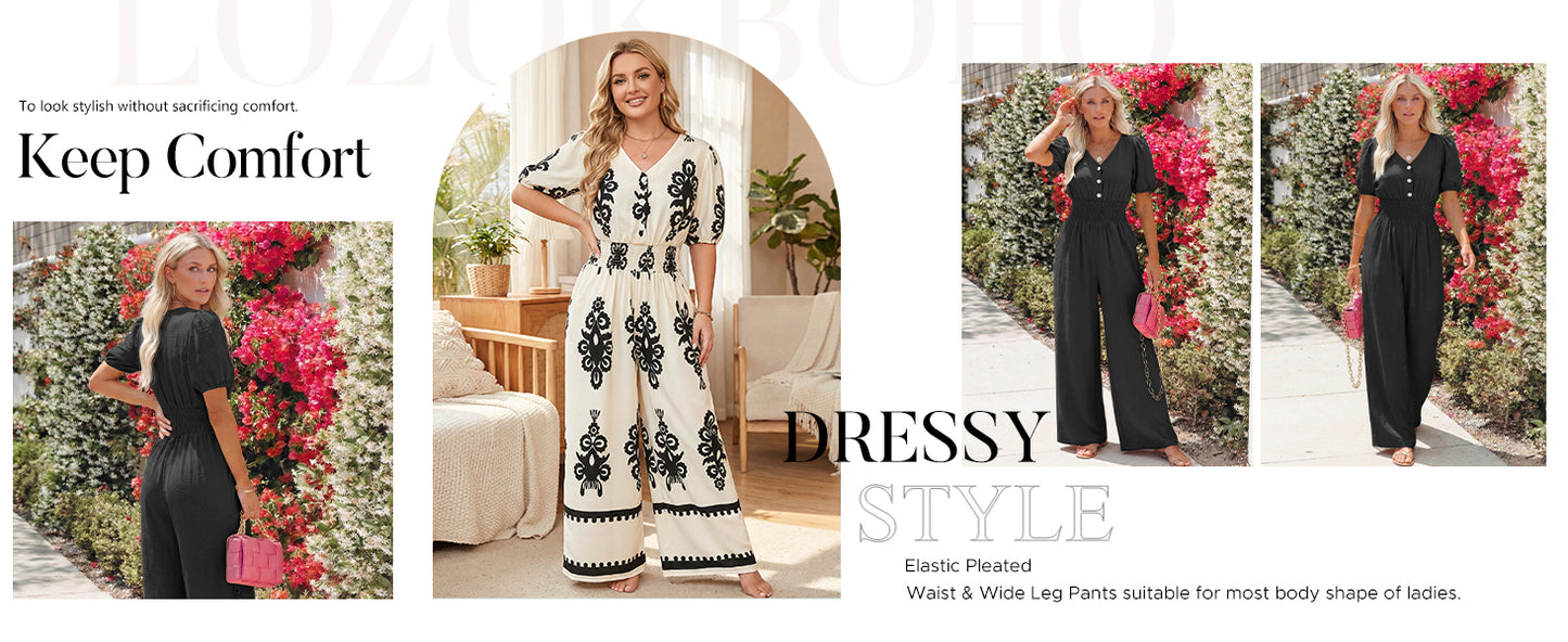 LOOKBOHO Womens Jumpsuits Short Sleeve V Neck Dressy Casual Wide Leg Pants Romper 2026 Summer One Piece Outfits