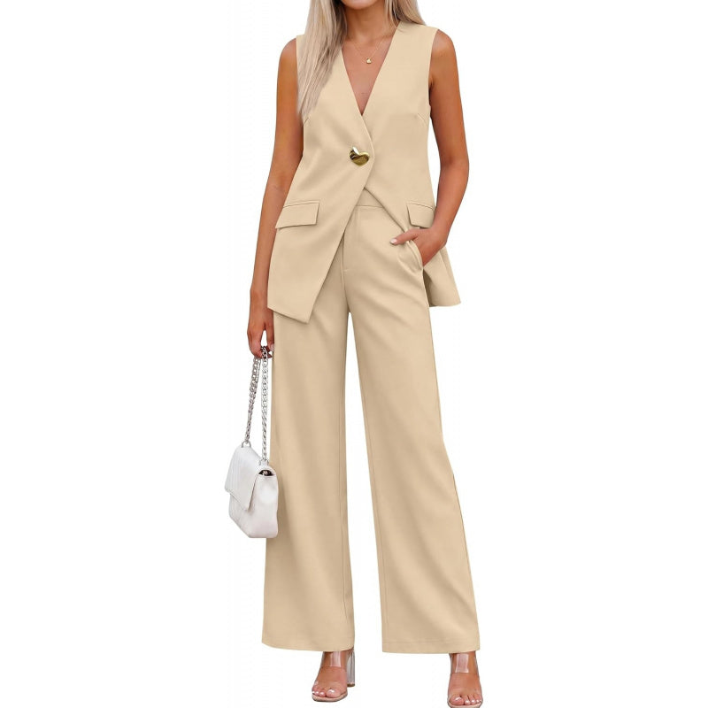 KIRUNDO Pant Suits for Women Dressy 2 Piece Business Casual Outfits Summer Sleeveless Blazer Vest Wide Leg Pantsuit Sets