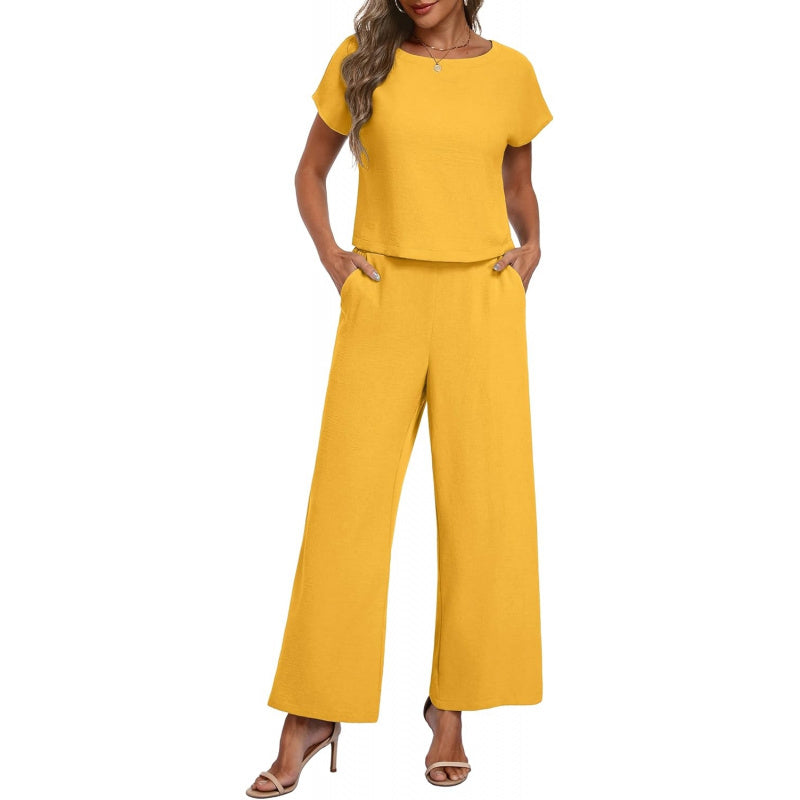 Lepunuo 2 Piece Sets for Women Summer Cap Sleeve Crop Top Wide Leg Pants Matching Lounge Set Vacation Beach Travel Outfits