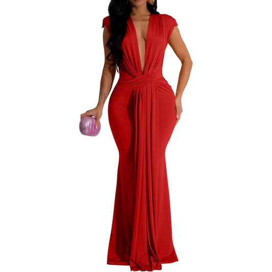 Memoriesea Women's Elegant Sleeveless Deep V Neck Bodycon Party Evening Gown Maxi Dress