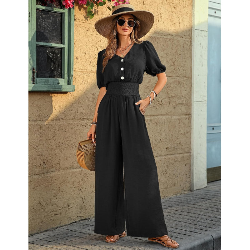 LOOKBOHO Womens Jumpsuits Short Sleeve V Neck Dressy Casual Wide Leg Pants Romper 2026 Summer One Piece Outfits