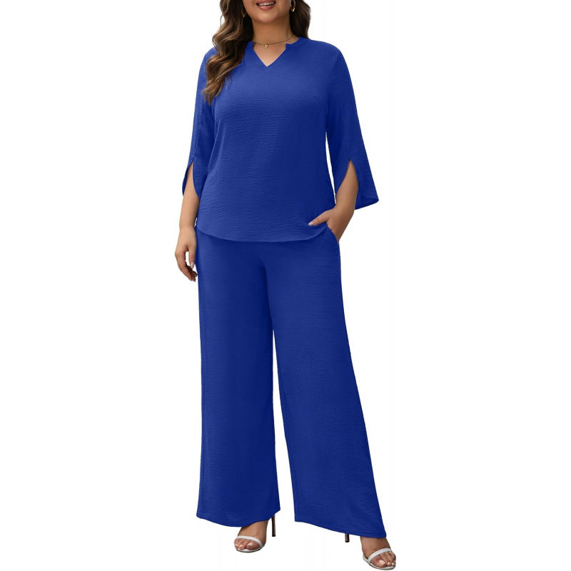 Pants Suits for Women Dressy Plus Size 2 Piece Sets 3/4 Sleeve Blouse Wide Leg Pant for Business Casual & Daily Wear
