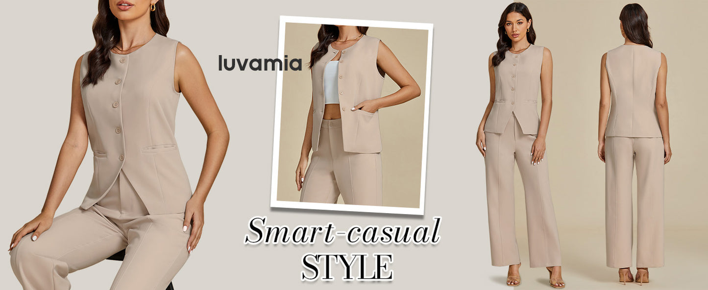 luvamia Vest Pants Suits for Women Dressy 2 Piece Business Casual Outfits Sleeveless Blazer Wide Leg Pants Pantsuit Sets