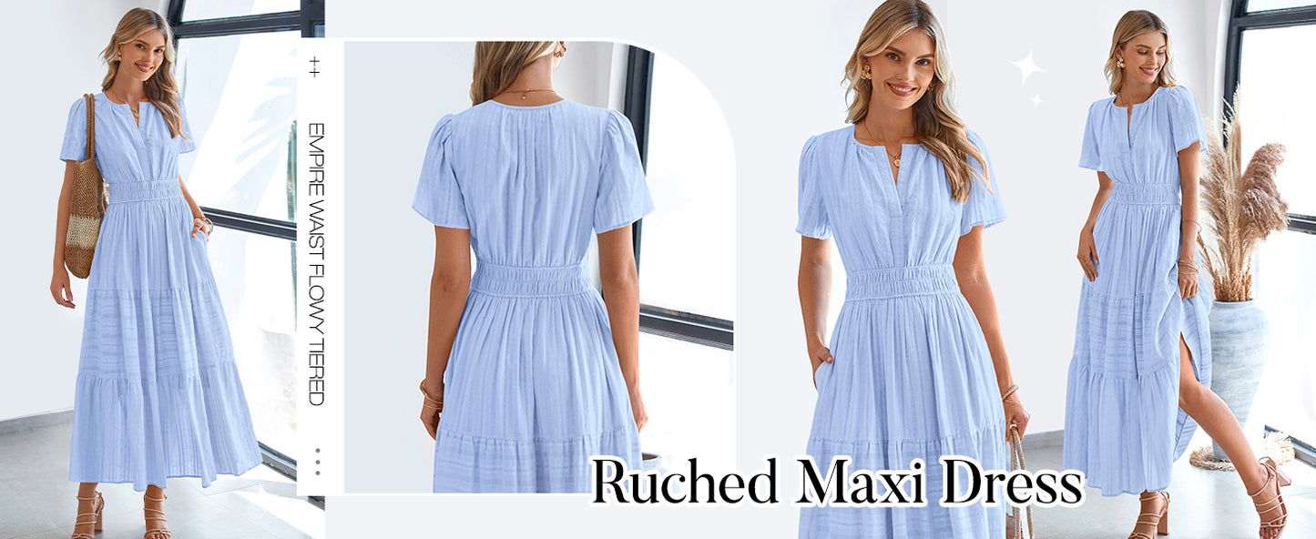 BTFBM Womens Summer 2026 Casual Midi Maxi Dresses Lightweight Short Sleeve V Neck Elastic Waist Boho Beach Dress Pockets