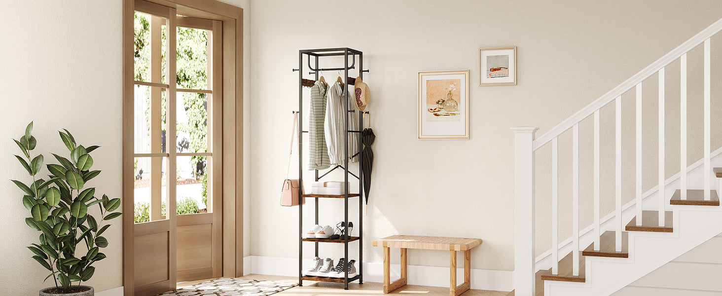 Coat Rack Freestanding, Hall Tree with 3 Storage Shelves and 12 Hooks, Industrial Clothes Rack Stand Organizer for Bedroom, Hallway, Entryway, Office, Living Room, Rustic Brown
