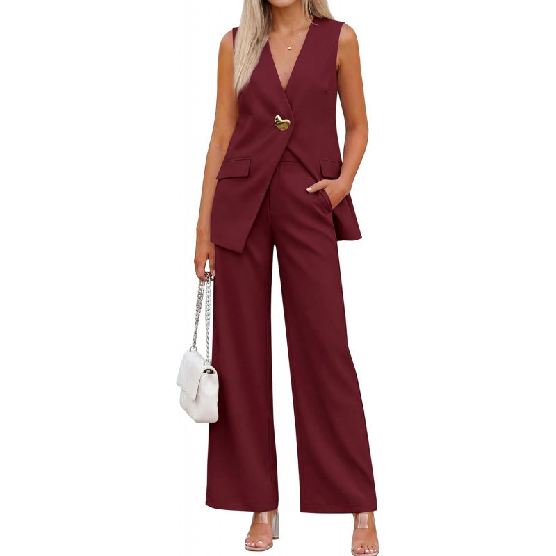 KIRUNDO Pant Suits for Women Dressy 2 Piece Business Casual Outfits Summer Sleeveless Blazer Vest Wide Leg Pantsuit Sets