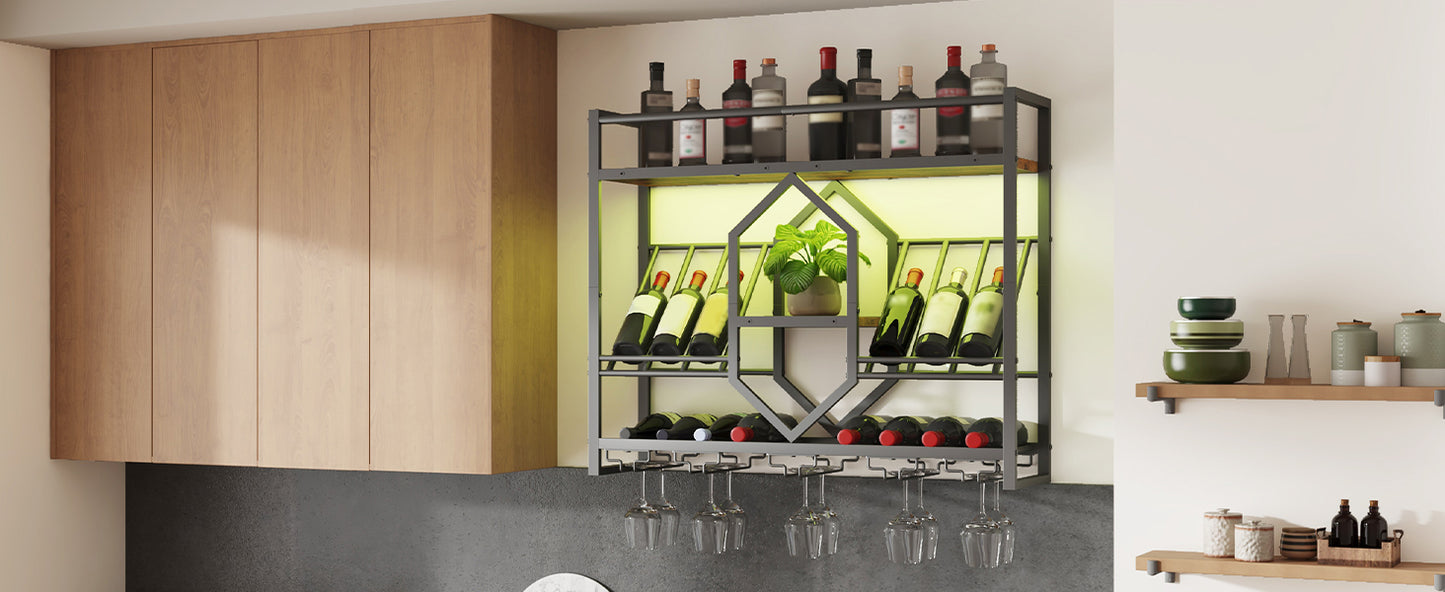 HOOBRO Wall Mounted Wine Rack with LED Light, 31.5" Wine Shelf, 3 Tier Wine Bottle Display Shelf with Glass Holder, Hanging Bar Liquor Storage Rack, for Kitchen, Bar, Rustic Brown and Black BF73DBJ01