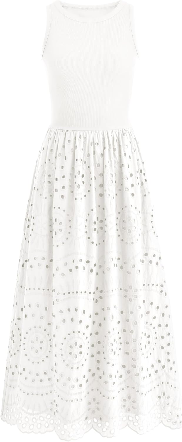 dowerme Women Summer Dresses 2026 Casual Sleeveless Crewneck A-Line Boho Lace Eyelet Cotton Tank Maxi Dress with Pockets