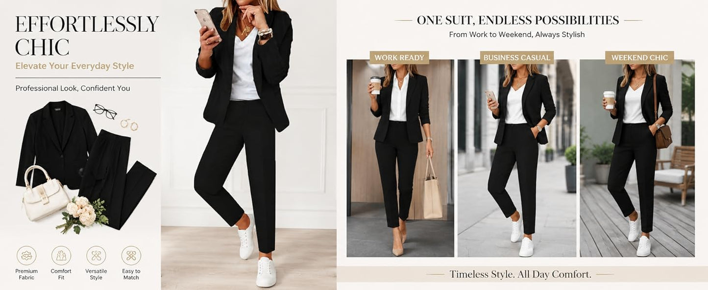 Kubsid Pant Suits for Women Dressy 2026 Business Blazer and Elastic High Waist Straight Leg Pants Work 2 Piece Outfits