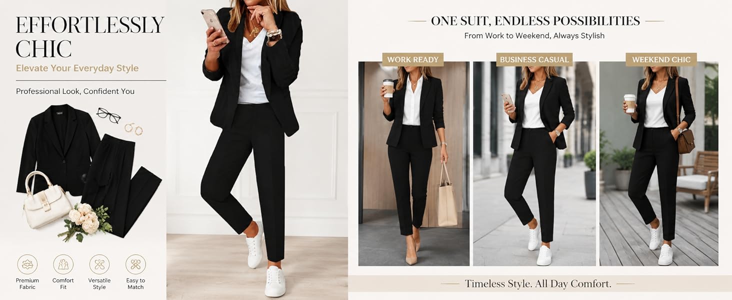Kubsid Pant Suits for Women Dressy 2026 Business Blazer and Elastic High Waist Straight Leg Pants Work 2 Piece Outfits