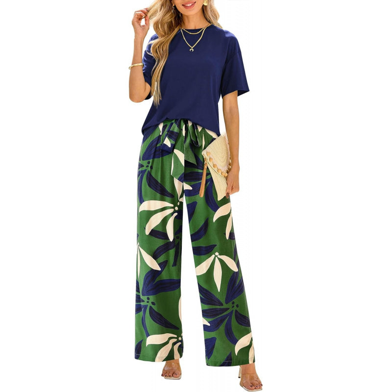 PRETTYGARDEN Women Summer 2 Piece Outfits 2026 Short Sleeve Knit Top Floral Print Belted Wide Leg Pant Sets With Pockets