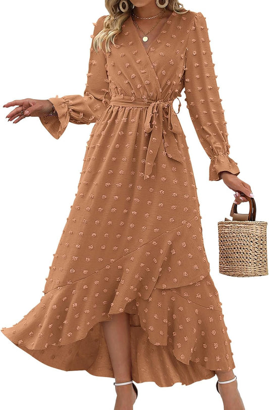 BTFBM Long Sleeve Maxi Dresses for Women Summer Swiss Dot Boho Flowy Slit Cocktail Wedding Guest Dress 2026