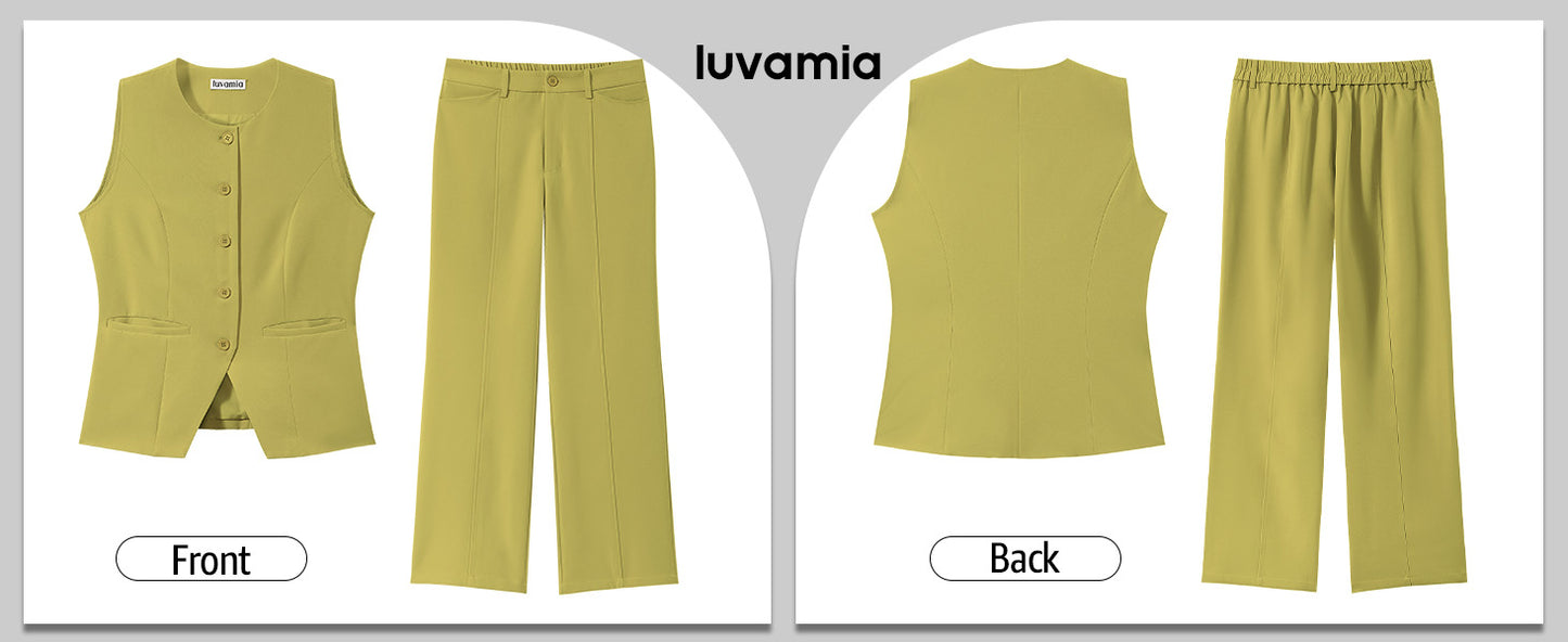 luvamia Vest Pants Suits for Women Dressy 2 Piece Business Casual Outfits Sleeveless Blazer Wide Leg Pants Pantsuit Sets