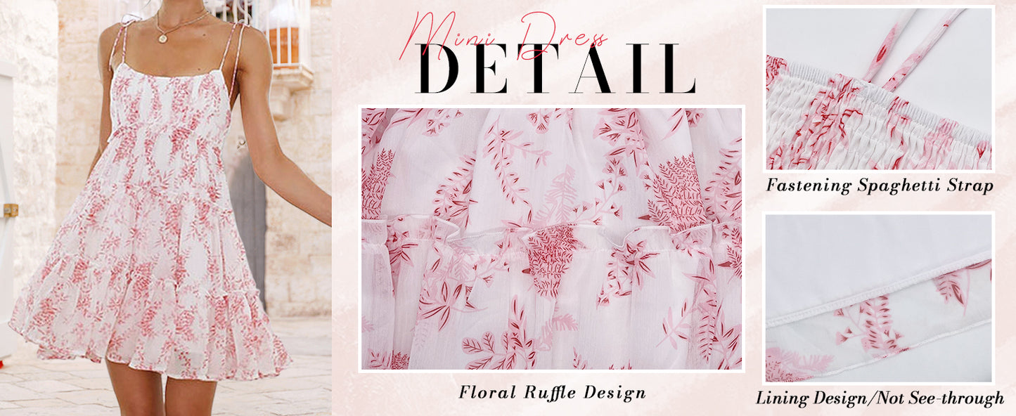 Mansy Womens 2026 Summer Floral Mini Dress Boho Flowy Skater Dresses Short Sleeveless Ruffle Spaghetti Strap Dress