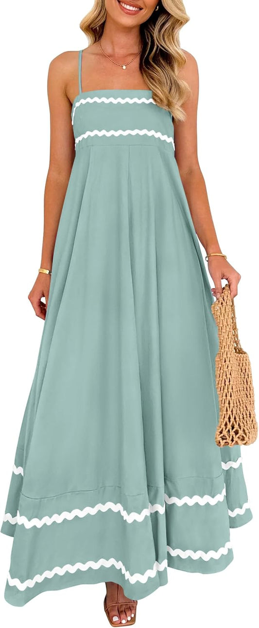 PRETTYGARDEN Women's 2026 Summer Flowy Maxi Dress Casual Sleeveless Spaghetti Strap Ruffle Beach Long Dresses