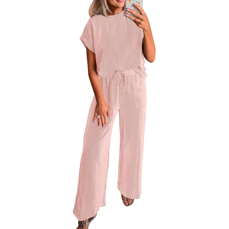 KIRUNDO 2 Piece Sets for Women Dressy Casual Ribbed Knit Short Sleeve Tops Wide Leg Pants Lounge Set Travel Airport Outfits