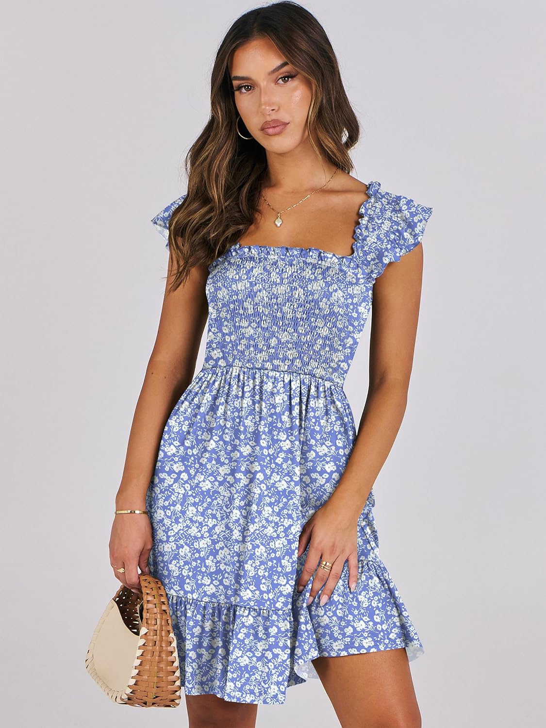 ANRABESS Women's Summer Casual Sleeveless Square Neck Dress 2026 Smocked Ruffle Backless Boho Beach Cute Teen Short Sundress