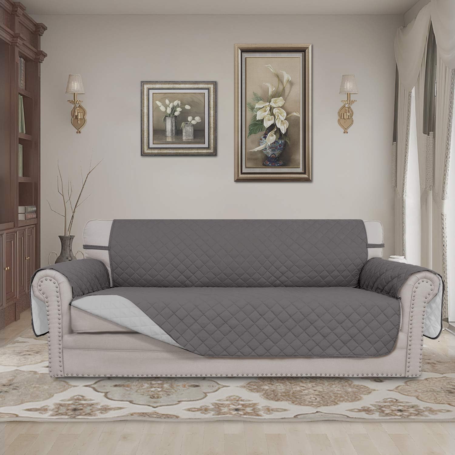 Easy-Going Reversible Couch Cover for 3 Cushion Couch Sofa Cover for Dogs Water Resistant Furniture Protector Cover with Foam Sticks Elastic Straps for Pet Cat (Sofa, Gray/Light Gray)