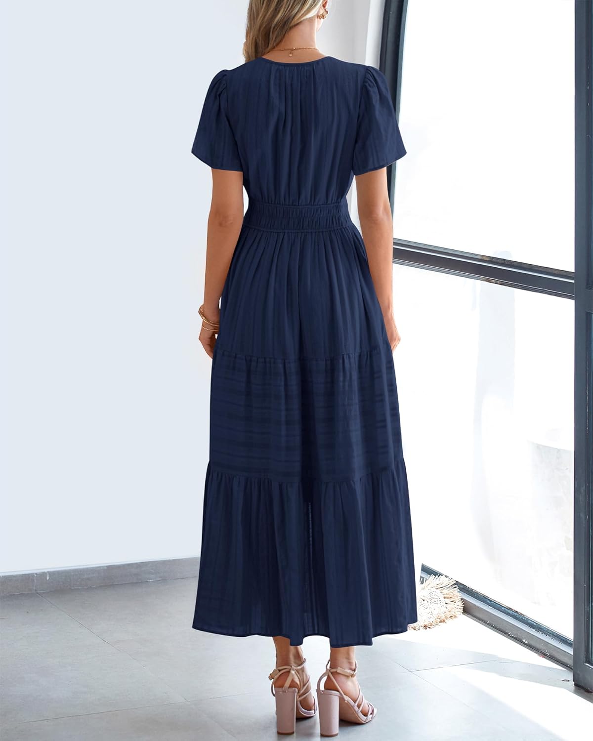 BTFBM Womens Summer 2026 Casual Midi Maxi Dresses Lightweight Short Sleeve V Neck Elastic Waist Boho Beach Dress Pockets